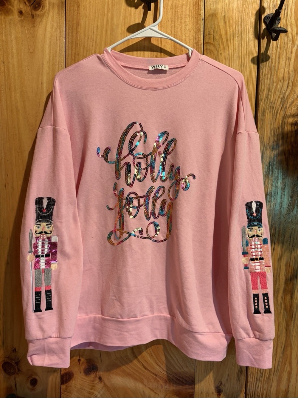 Why Dress Brand Pink LS Top W/Sequined Holly Jolly & Nutcrackers